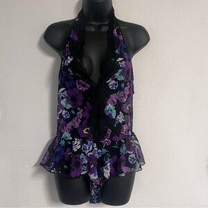 Frederick's of Hollywood Black and Purple Ruffled Peplum Bodysuit